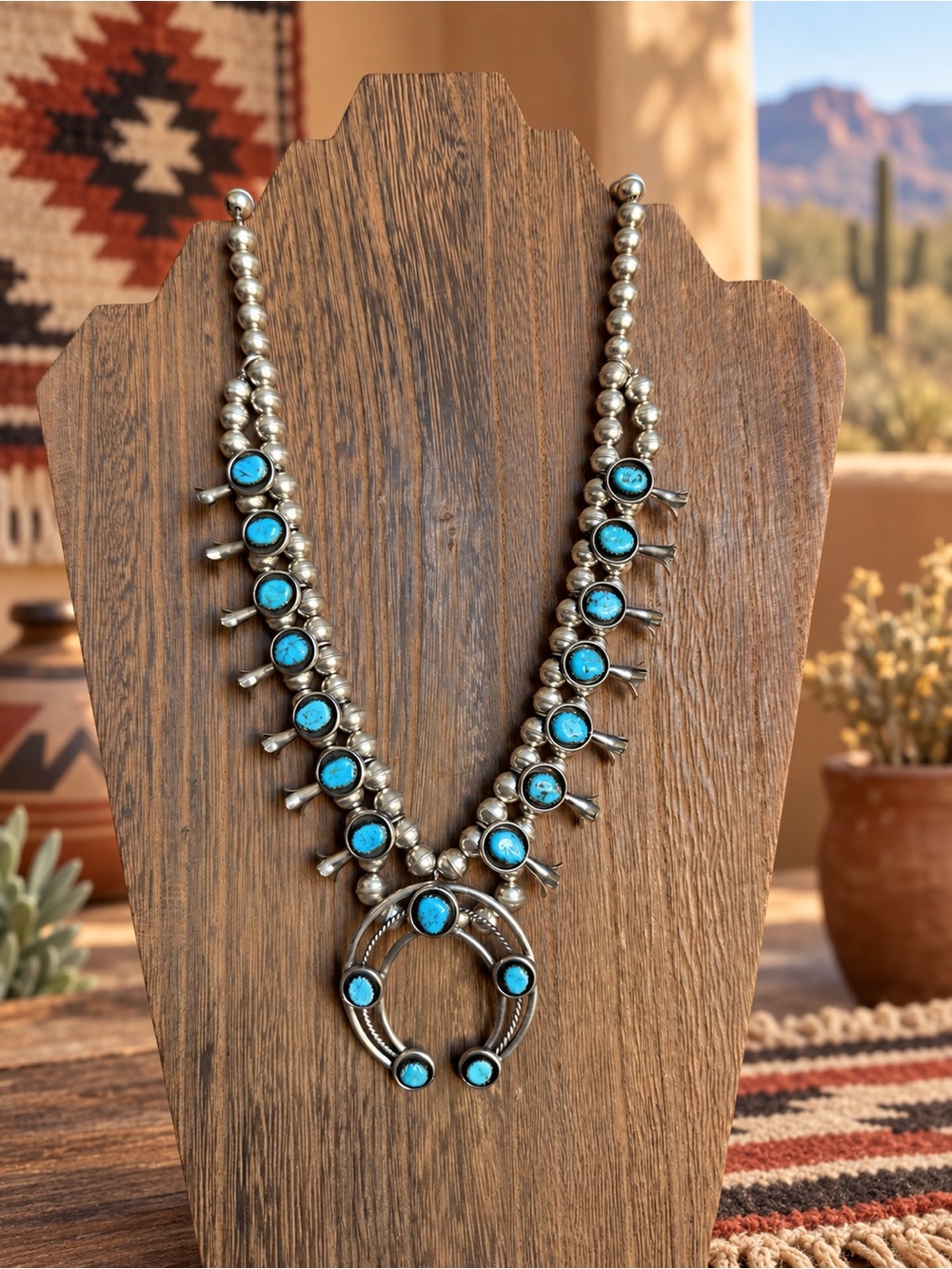 Turquoise Stone Squash Blossom Necklace in Blue - Sterling Silver Style